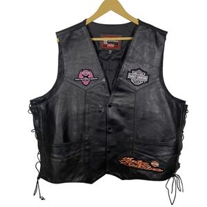 Harley Davidson Leather Vest Black Motorcycle Biker Patches Lace Up Size 50